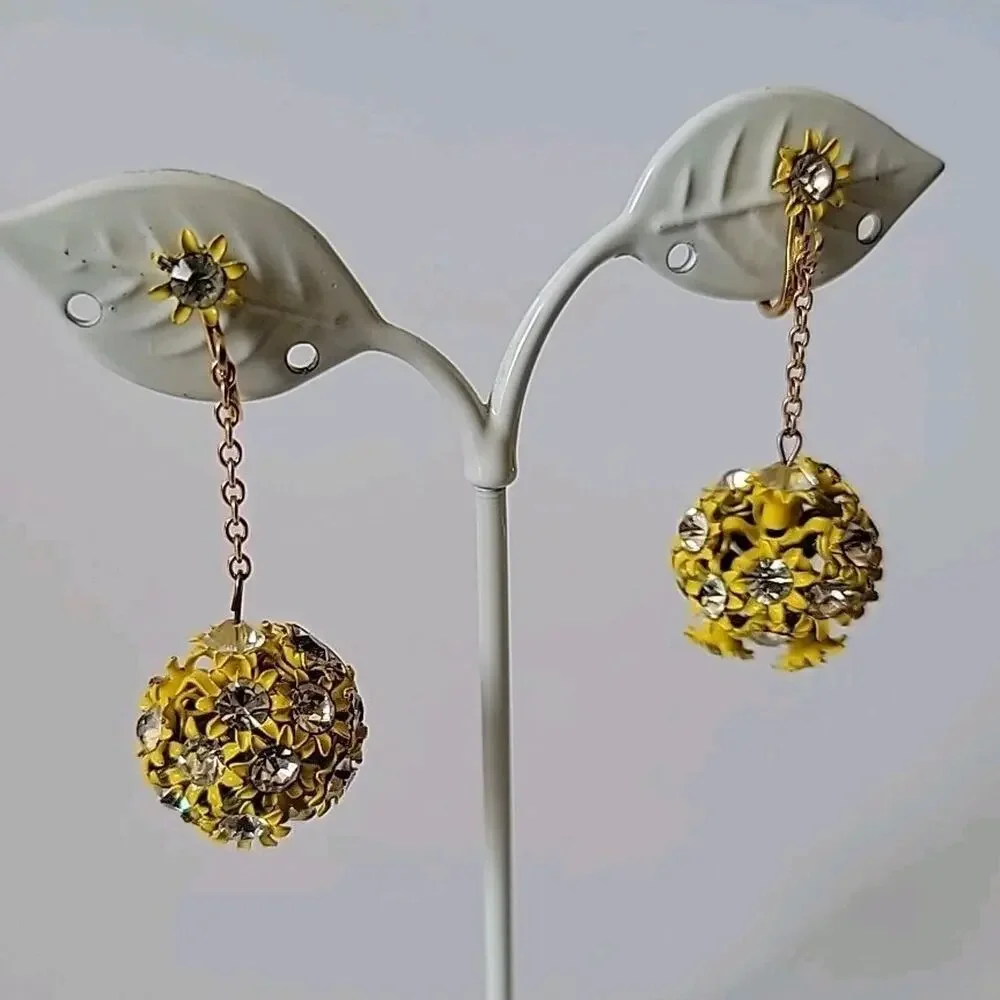 Vintage 60s Yellow Enameled Filigree Globe Drop Clip‎ On Earrings Billie Eilish